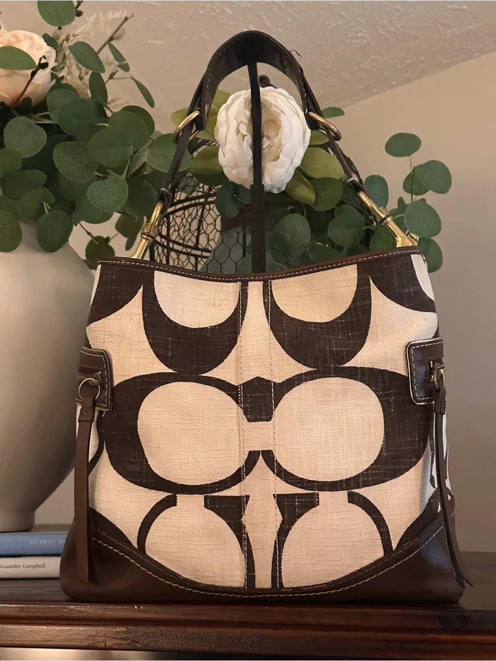VINTAGE Y2K Coach Carly Hobo Bag – Rare Giant C Brown & Cream Linen #7473